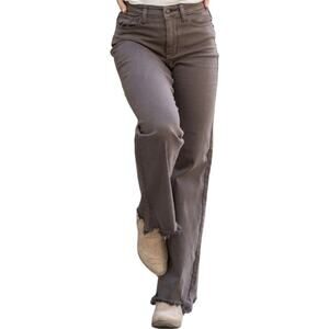 Judy Blue 90's High Rise Frayed Hem Straight Fit Jeans Stretch Denim Brown 11/30